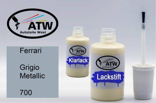 Ferrari, Grigio Metallic, 700: 20ml Lackstift + 20ml Klarlack - Set, von ATW Autoteile West.